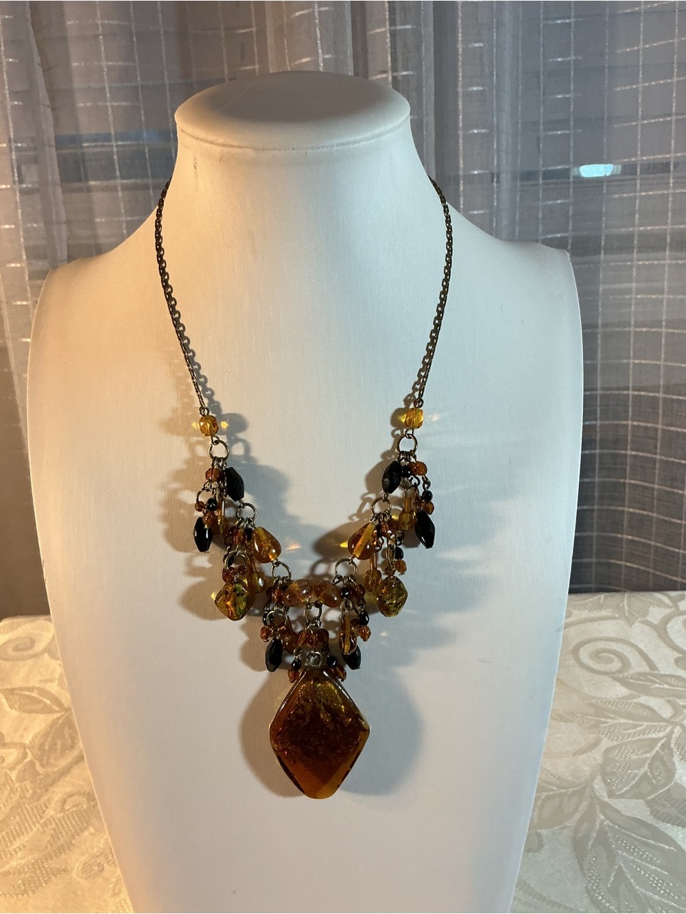 Amber Glass Vintage Cluster Waterfall Bib Darkened Gunmetal Tone Necklace